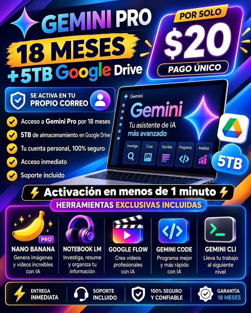 Gemini Pro (IA Studio + 5 Tb + Notebook + Flow)